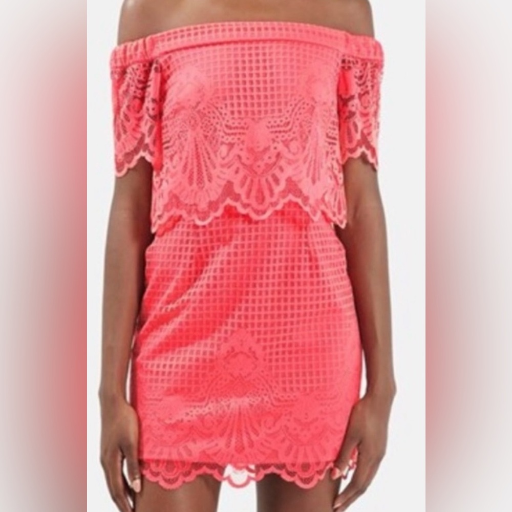 Topshop coral lace off shoulder dress